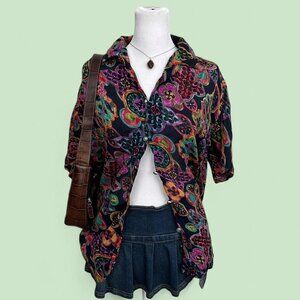 vintage 90s abstract boho granola artsy semi sheer button up